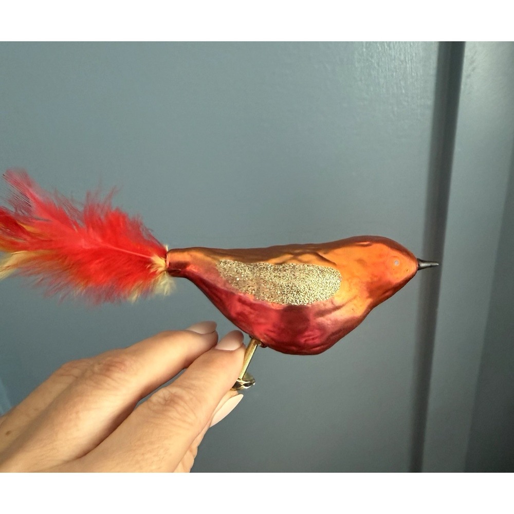 Vintage Glass Clip On Bird Ornaments 4 Cardinal Feather Tail Glitter German F/W - Picture 3 of 11